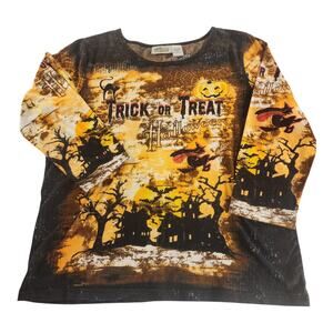 Collections Etc. Halloween Long Sleeve Top Women's M Goth Witch Pumpkin Spooky